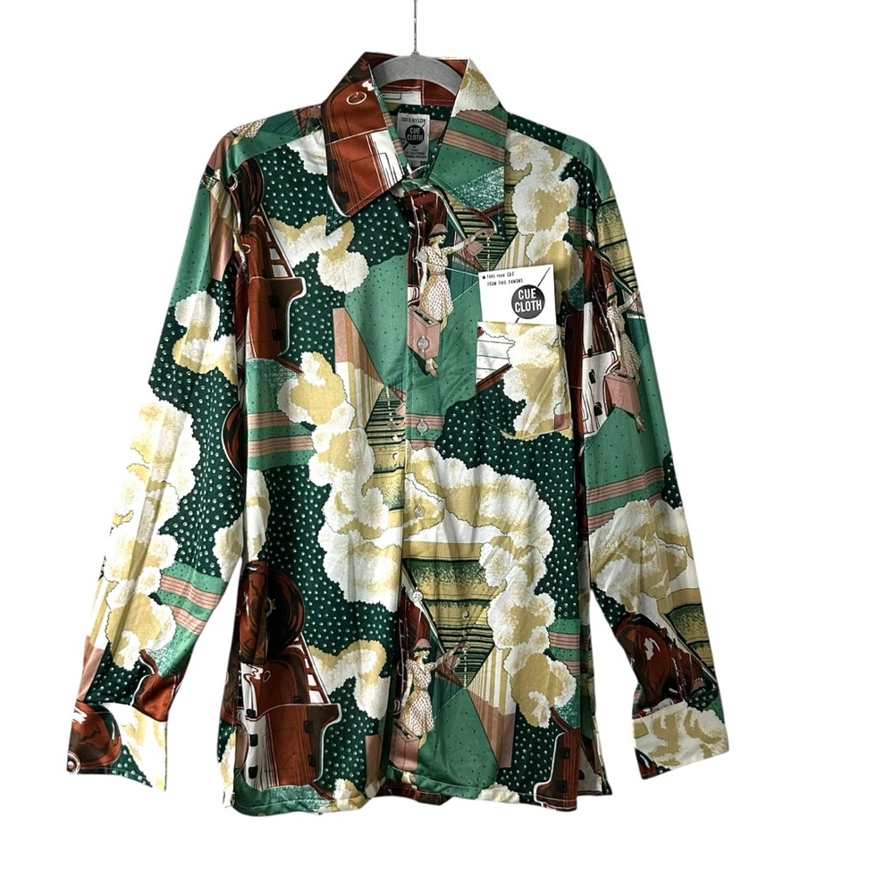 Vintage 70s Cue Cloth Troy CA Disco Shirt Novelty‎ Train Print Green Nylon L